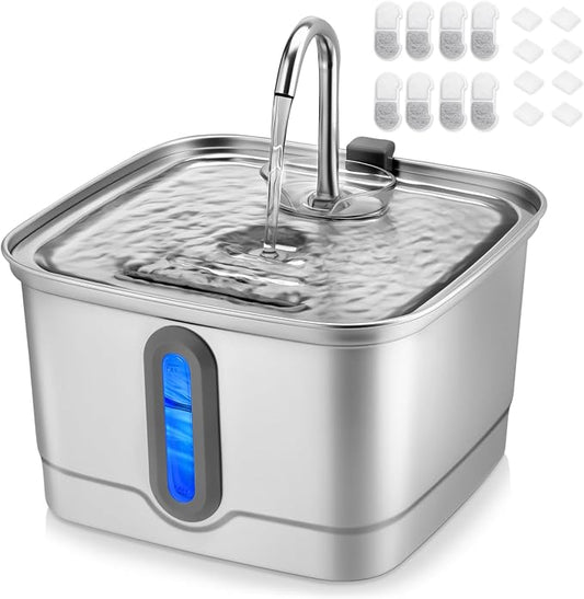 SEIRMEP Stainless Steel Cat Water Fountain, 101oz/3L Automatic Pet Water Fountain, Dog Water Fountain with Replacement Filters for Cats, Small Dogs (8 Filters and 8 Sponges)