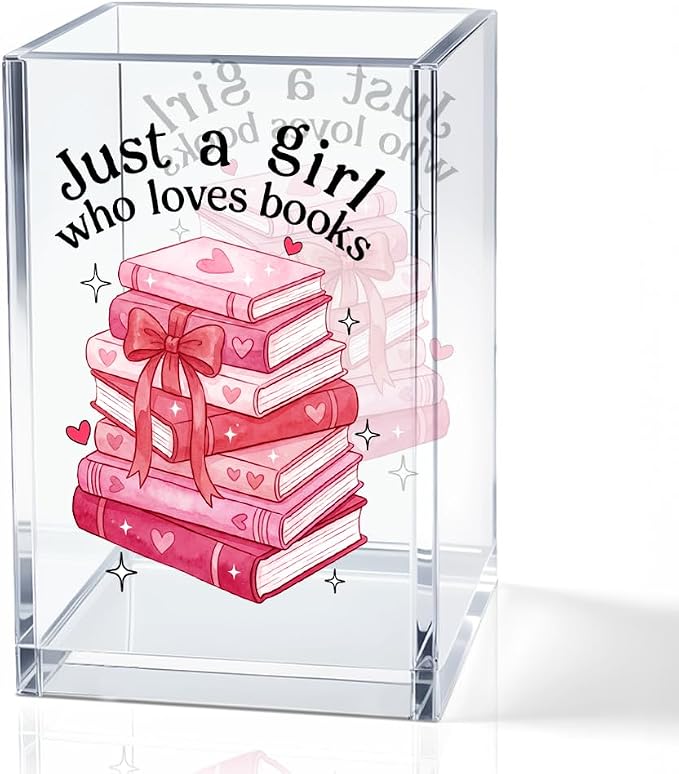 Just A Girl Who Loves Books Acrylic Pencil Holder Cup for Book Lover | Funny Floral Books Desk Organizer for Bookish Bookworms Readers, Women Empowerment Gifts for Daughter Girls Sister BFF (Red)
