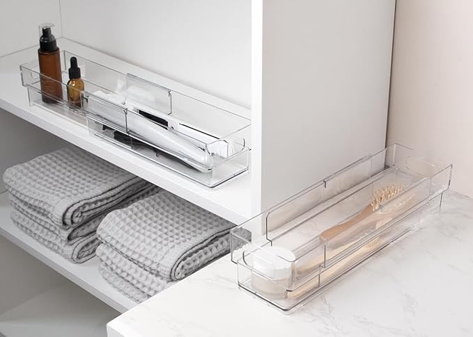Isaac Jacobs 2-Pack Clear Expandable Storage Bins - Extra Small | 11"-19" L x 3.9" W x 3.1" H, Plastic Organizer with Cut-Out Handles, Adjustable Length from 11-19" for Home, Kitchen & Office