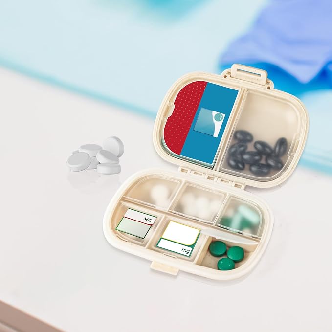 1Pack Travel Pill Organizer & 56 Medicine Name Stickers, Beige | [8 Compartments Portable Pill Case] [Small Pill Box for Pocket Purse Portable Medicine Vitamin Container]