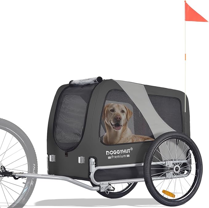 DOGGYHUT® Premium Large Pet Bike Trailer, Up to 77 lbs (Gray) | Bicycle Trailer for Small Medium or Large Dogs, Dog Bicycle Carrier, Low Center of Gravity, Folding Frame Cart