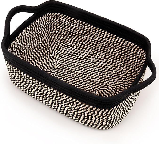 Gift Basket Empty with Handles, 12x8x5 inch - Small Woven Basket for Baby Nursery, Toys, Towels, Wedding, Birthday Gifting - With Gift Bag & Ribbon (Black Brown, 1PC)
