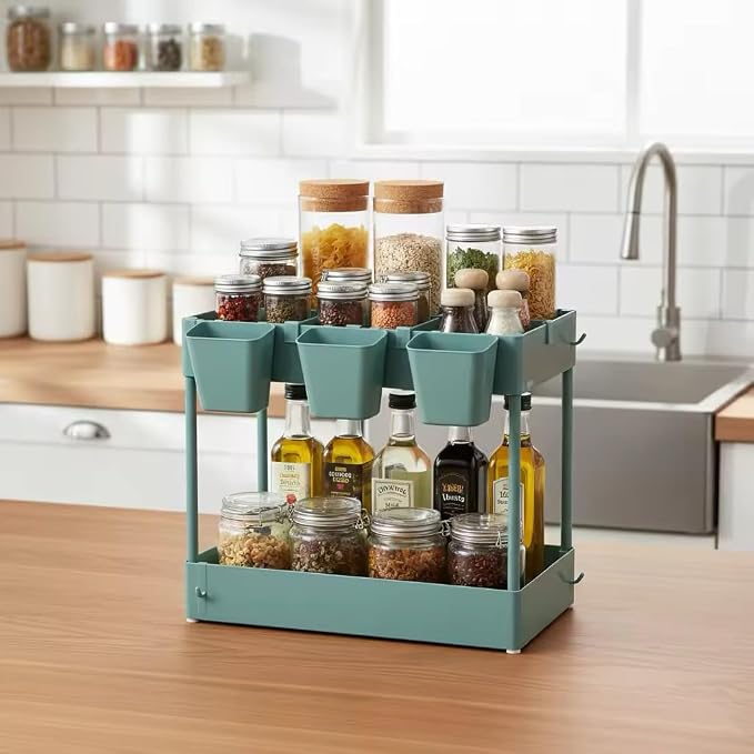 danpinera Storage Cart on Wheels, 3 Tier Bathroom Cart Organizer Slim Laundry Narrow Shelf with Wheels Dividers Hanging Cups Hooks Handle Easy Assembly, Green
