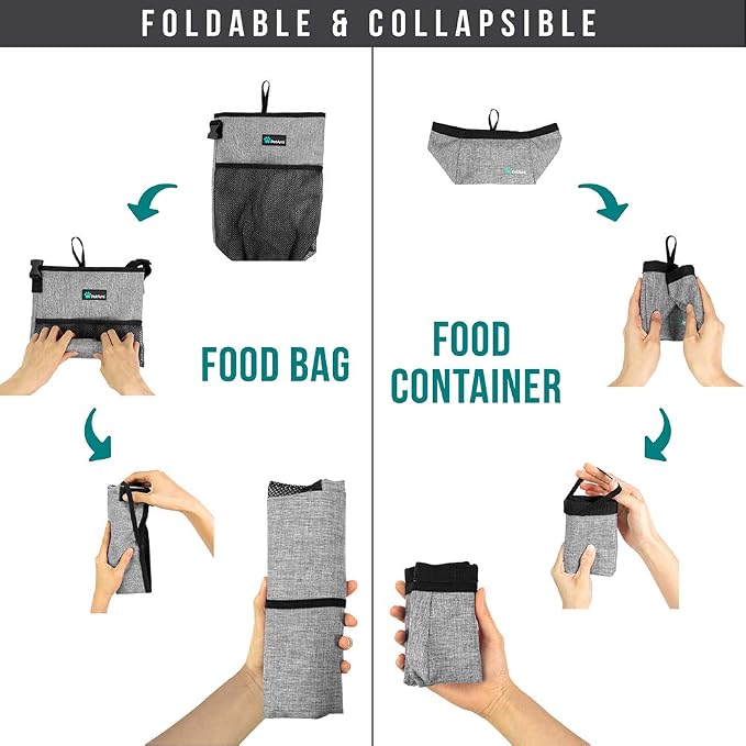 PetAmi Travel Dog Food Bag with 2 Collapsible Bowls Waterproof Dog Kibble Storage & Foldable Food Water Bowls for Dogs & Cats, Hiking & Camping (Heather Grey)
