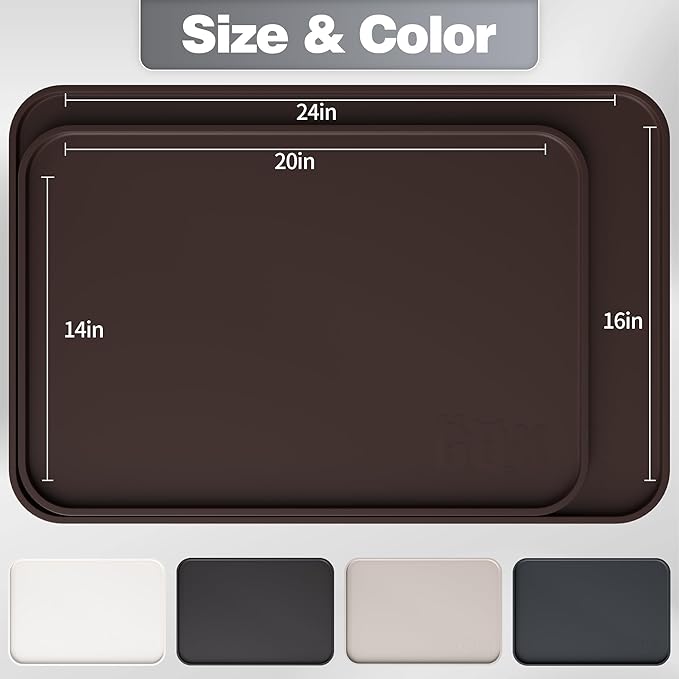 Silicone Dog Food Mat, Waterproof Anti-Slip Pet Feeding Mat with Warped Resistant Raised Edge,Spill-Proof Lip Floor Protection,Dishwasher-Safe Pet Placemat for Dogs & Cats(L 24" x 16" Brown)