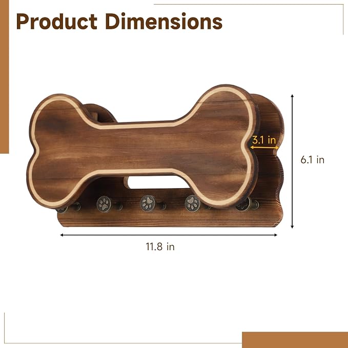 Doggie Bone Key Holder Wall Mount, Rustic Wooden Dog Leash Holder with 5 Hooks, Dog Stuff Storage Shelf, Pet Accessories Organizer for Entryway, Living Room, 11.8 x 6.1 x 3.1 in