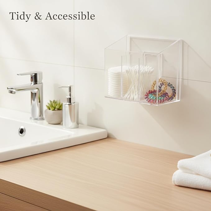 Clear Rectangular Wall-Mounted Organizer with Dividers, Transparent PET Bathroom Canister for Cotton Pads and Cotton Swabs, Space-Saving Vanity Storage Box (1 Pack)