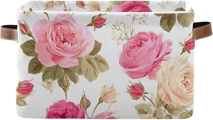 susiyo Large Foldable Storage Bin Floral Pink Roses Fabric Storage Baskets Collapsible Decorative Baskets Organizing Basket Bin with PU Handles for Shelves Home Closet Bedroom Living Room-1Pack