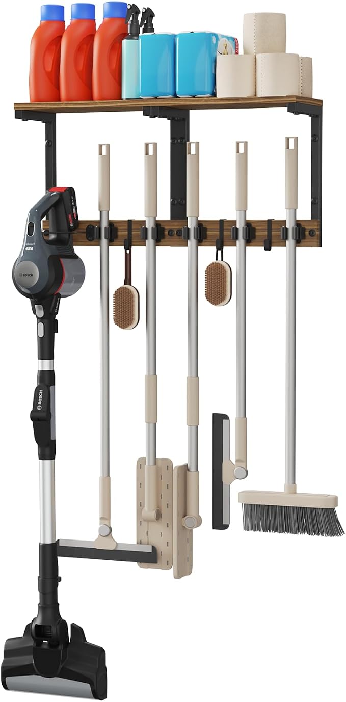 Broom and Mop Holder Wall Mount, 27" Large Organizer with Wood Shelf | Vacuum Holder, 5 Heavy-Duty Grippers, 5 Movable Metal Hooks for Laundry Room, Garage and Utility Closet Organization