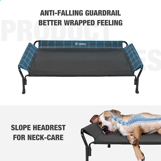 Veehoo Cooling Elevated Dog Bed, Raised Dog Cot with Guardrail & Headrest | Washable Dog Couch Bed for Indoor & Outdoor, Durable Breathable Teslin Mesh, Non-Slip Feet, Medium, 39.5" x 28", Black