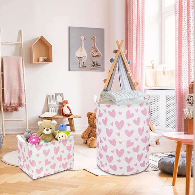 NTAOHAMPER 24L Children's Day Father Gifts Pink Heart Fabric Storage Basket Empty with Handles, Books Box, Lovely Storage (Pink Heart)