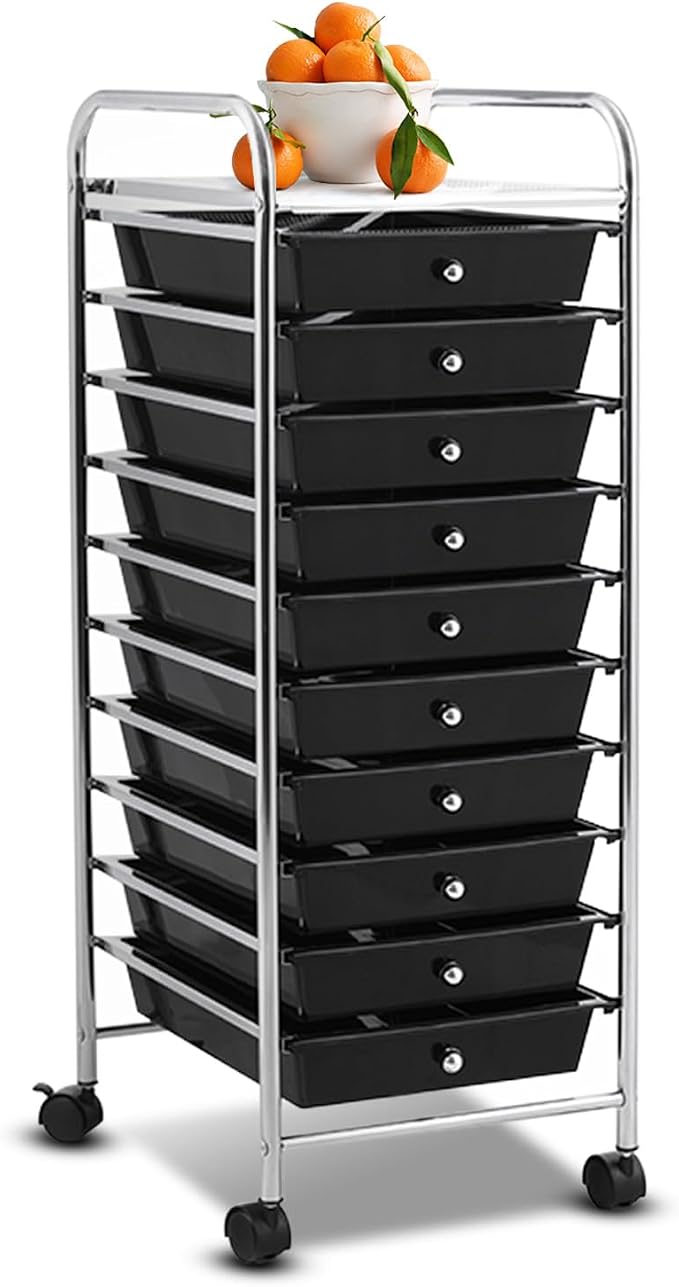 10 Drawer Rolling Storage Cart, Organization Cart with Drawers for Craft Makeup Paper Tool Art Supply, Versatile Utility Cart on Wheels for Home Office Classroom School (Black)