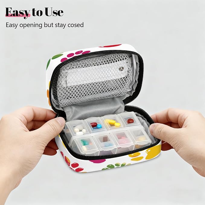 Weekly Pill Organizer Travel Size Bag with Removable 7 Day Pill Box Portable Vitamin Case Purse with Zipper,Colorful Pet Paws White