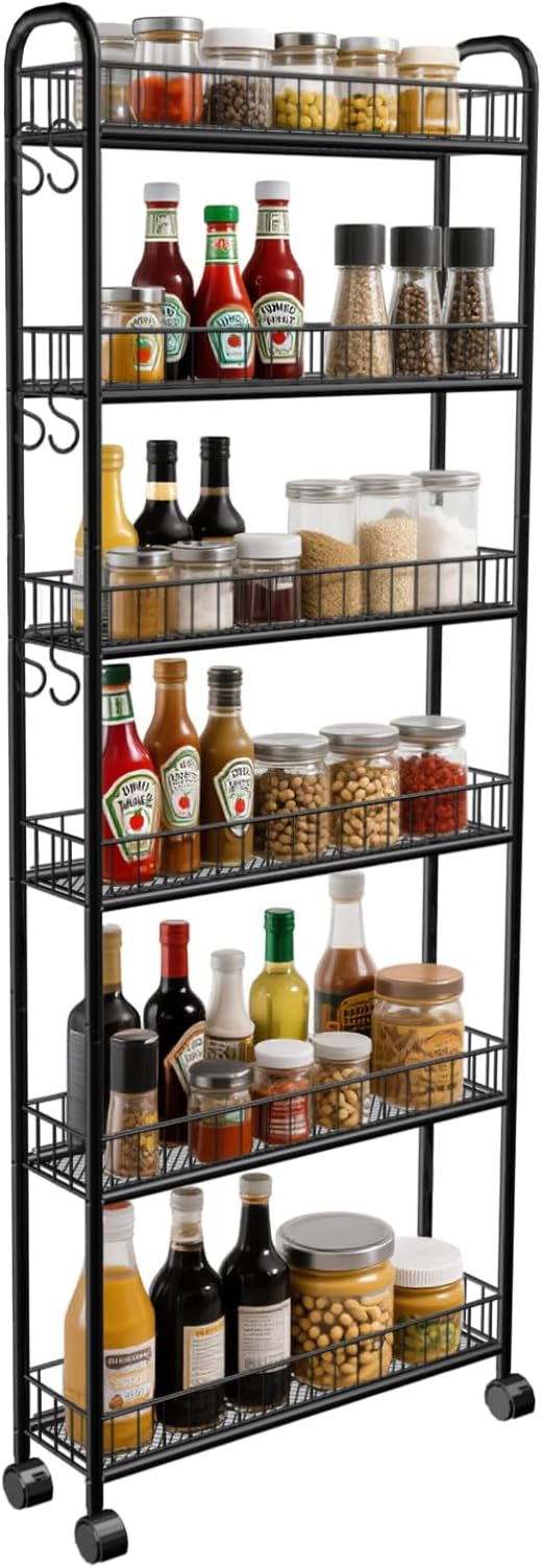 6in 6 Tier Slim Storage Cart with Wheels, Narrow Space Rolling Shelving Unit, Metal Wire Mobile Organizer Rack for Kitchen Bathroom Office Laundry