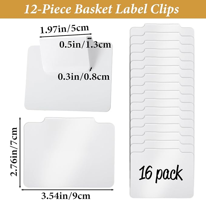 16Pcs White Clip-On Basket Labels, 3.5x2.5 Inch Removable PVC Labels with Holders for Storage Bins, Pantry & Closet Organization, Removable Label Holders