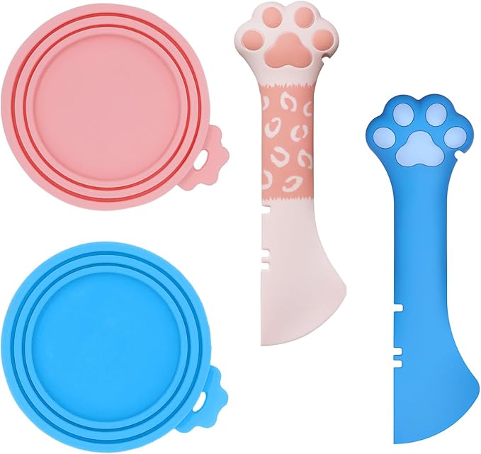 SJANE Cat Food Can Spoons & Can Lids | 4 Pcs | Colorful Multi-Function Cute Paw Shape Opener | Universal Silicone Pet Food Covers | Wet Food Spatula for Kittens and Dogs(Pink+Blue)