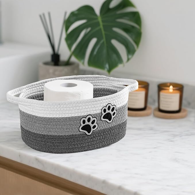 Small Woven Cotton Rope Nursery Organizer Bins, Dog Toy Basket Bins with Handle, Cute Empty Pet Gift Storage Baskets with Paw