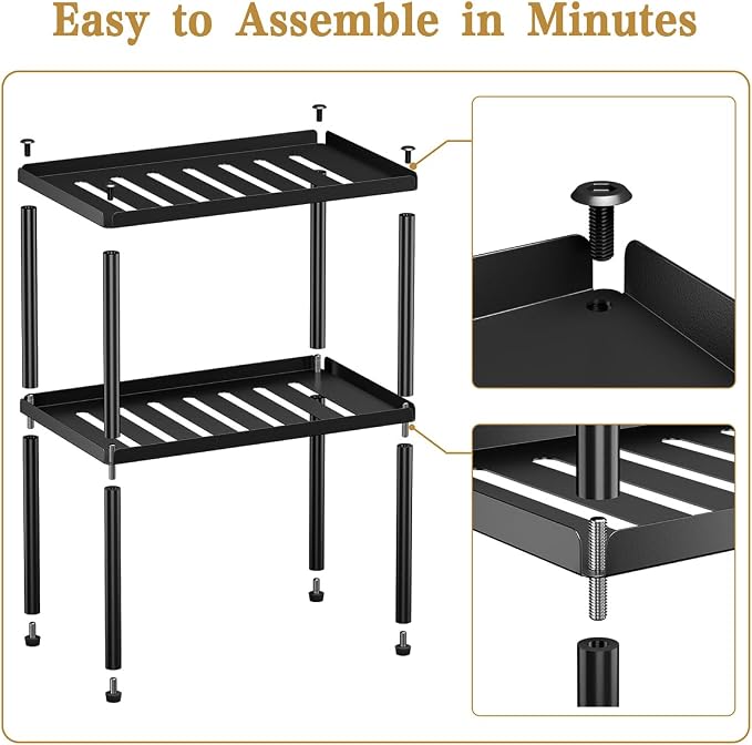 Cabinet Organizer Shelf, 2 Tier Kitchen Cabinet Organizer with Stackable Cabinet Shelves for Kitchen Countertop Storage, Metal Kitchen Shelf Organizer for Spice, Pantry & Under Sink