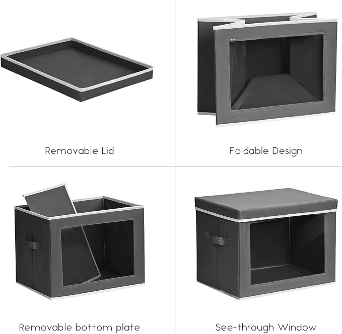 Storage Bins with Lids - Small Fabric Organizers with Window, Collapsible Storage Bins for Clothes, Decorative Closet Organizers for Towels, Tshirt, 4 Pack, Dark Grey