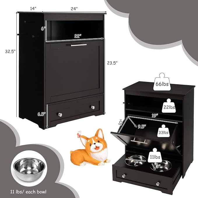 Dog Feeding Station with Double Bowls, Large Pull Out Dog Feeder & Food Storage (Brown)