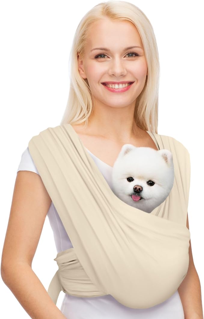AnccoPlus Small Dog Sling Carrier, Hands-Free, Beige, Regular | Patented Front Carrier Reduces Back and Neck Strain; Adjustable, Soft Cotton, 3D Air Mesh for Puppies & Cats up to 20 lb