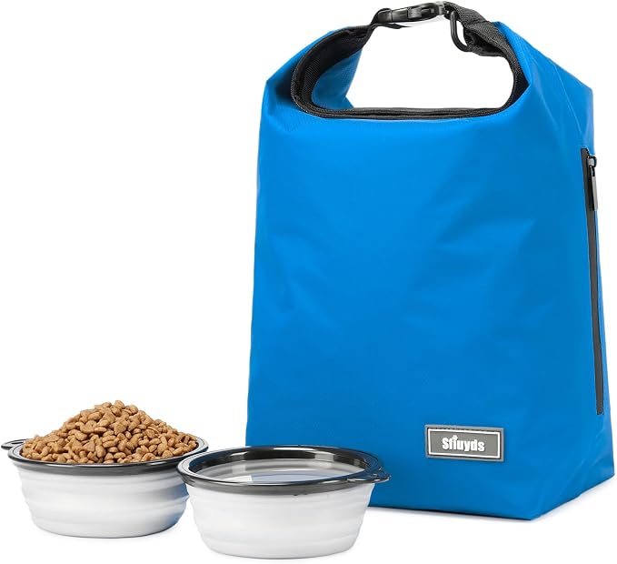 Pet Food Storage Bag Dog Storage Organizer Bag 2PCS Collapsible Dog Travel Bowls and Zipper Side Pocket for Home(Blue, Large)