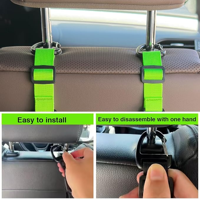 Car Headrest Hooks, Backseat Storage Organizer Hangers, Universal Vehicle Seat Back Hooks, 4 Pack (brightgreen)