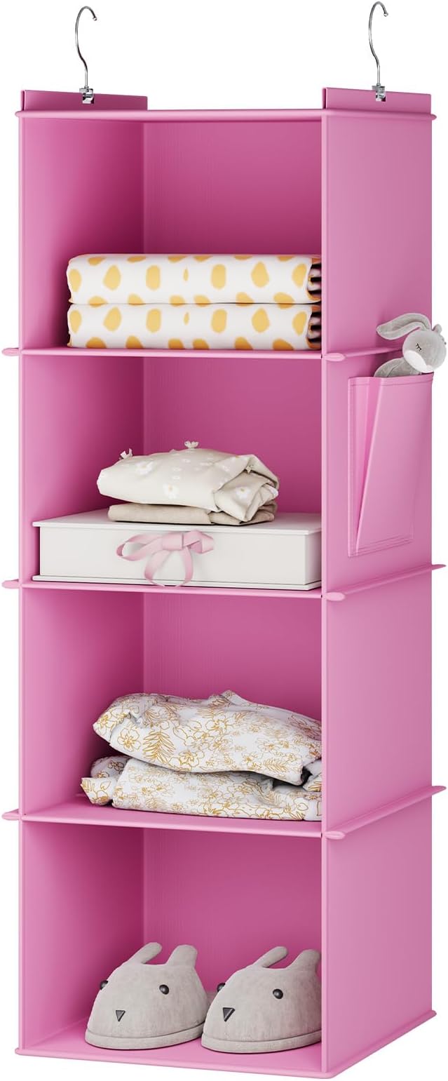 YOUDENOVA Hanging Closet Organizer and Storage, 4-Shelf, Light Pink | Locker/RV/Camper Organizer, Side Pocket, Hanging Shelves for Small Closet, Dorm Room Essentials for Guys, Breathable Fabric
