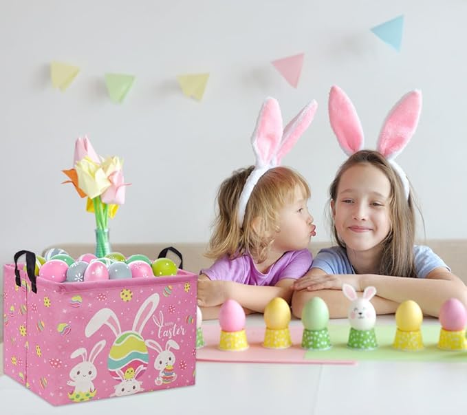 Rectangular Easter Baskets Gift Basket Empty Pink Bunny Kids Storage Bin Baby Boy Basket Kids Toy Storage Bin Organizer Box Easter Room Decor for Home(Pink Easter)