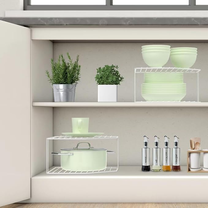 2Pcs 2-Tier Corner Stackable Organizer Shelf - Cabinet Storage Shelf Rack, Shelves，Kitchen Counter and Cabinet Shelf, Storage Rack Organizer for Kitchen(White)