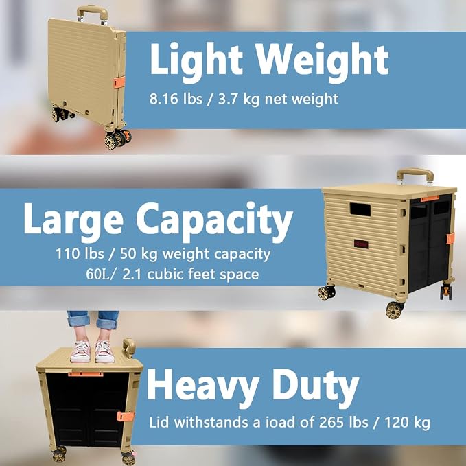 FELICON SELORSS Foldable Utility Cart Folding Portable Rolling Crate-Khaki | Durable,Heavy Duty,Plastic Box,Telescoping Handle,4 Rotate Wheels,Collapsible Handcart for Travel Shop Move Luggage Office