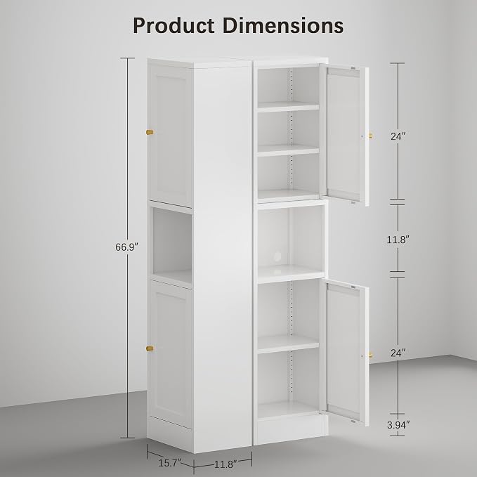 67" H Tall Bathroom Cabinet,Narrow Pantry Cabinet,Tall Narrow Bathroom Storage Cabinet, Metal Cabinet, White Floor Cabinet,Skinny Storage Cabinets with 4 Adjustable Shelves