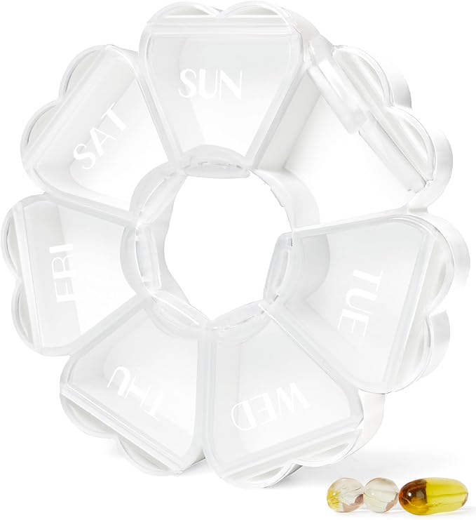 MOLN HYMY Large Weekly Pill Box 7 Day, Cute Pill Case Organizer 1 time a Day, Floral Pill Container Once Daily, Pretty Medicine Dispenser for Vitamin/Fish Oil/Medication/Supplements (Clear White)