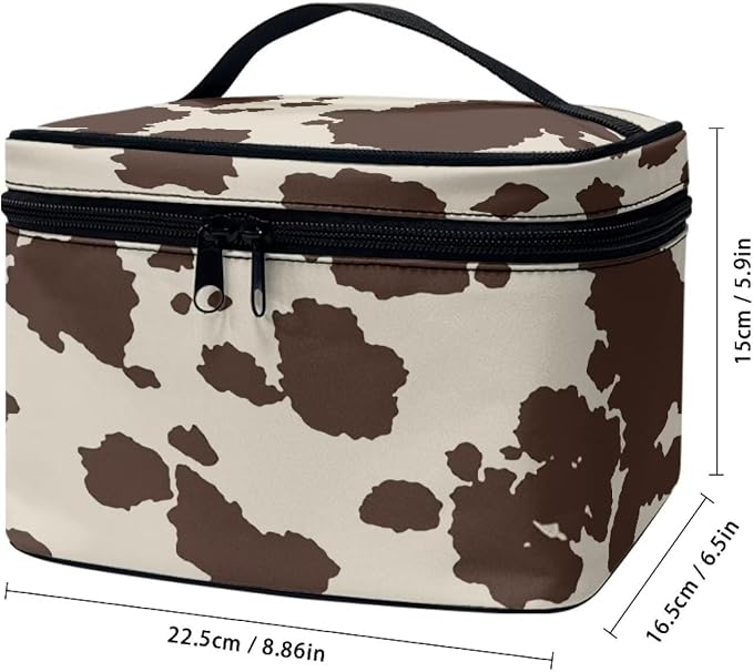 Brown Cow Print Makeup Bag for Women Lightweight Travel Makeup Bag With Handle Womens Cosmetic Makeup Organizer Vanity Case for Holiday Trip