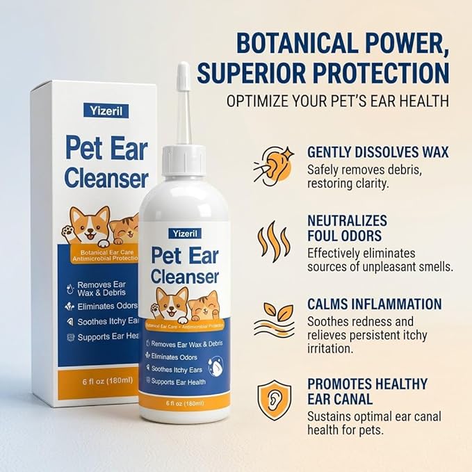 Dog Ear Wash - Gentle Cat Ear Cleaner Solution, Removes Ear Wax Debris and Ear Odor, Pet Ear Drops Liquid for Routine Ear Care, 6 fl oz