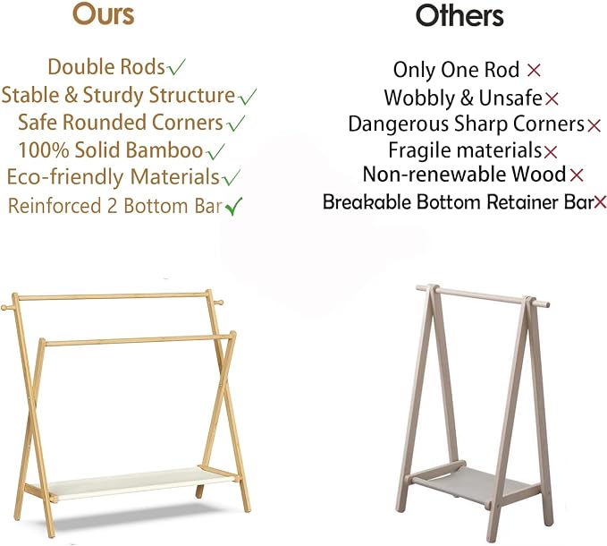 BAMBOOHOMIE Kids Clothing Rack With Storage Shelf & Double Rods, Foldable Dress Up Clothes Rack for Toddler Nursery, Child's Room, 100% Natural Bamboo (Large Size)