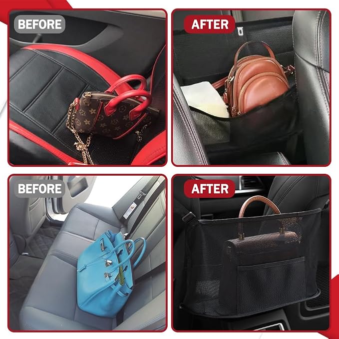 Car Net Pocket Handbag Holder - Auto Net Pocket Purse Holder Between Front Seats Car Storage Organizer, Universal Interior Accessories Barrier of Backseat Pet Kids (Black)