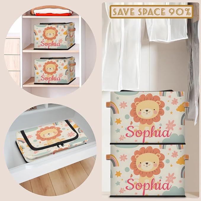 Custom Cute Lion Storage-Bin With Zipper Lid for Kids-Girls-Boys-Baby-Pet,Personalized Name Foldable Storage Box with Handle,Baby Basket With Label for Bedroom Nursery Toy Clothes,Beige