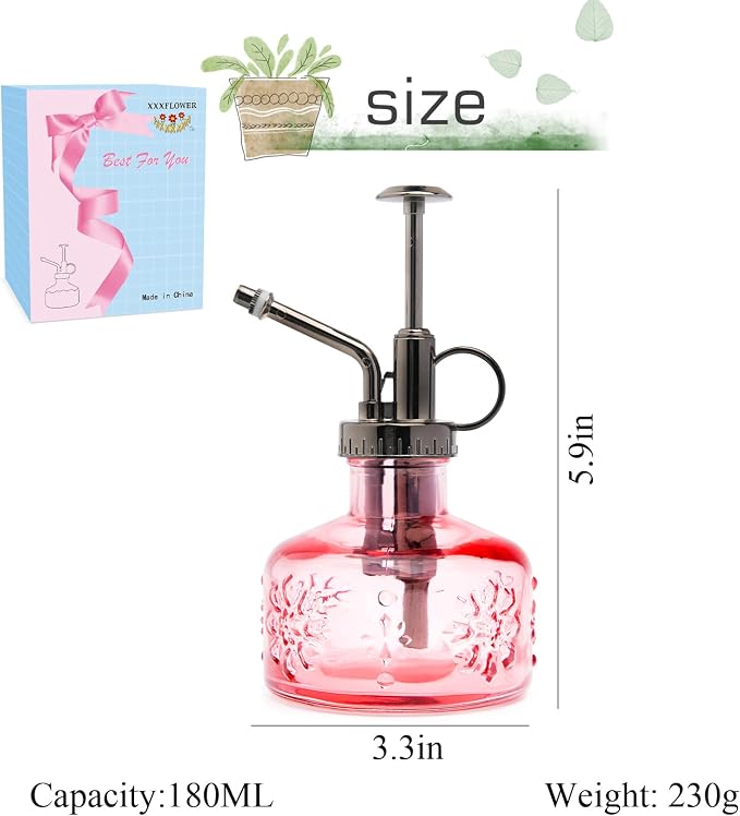XXXFLOWER Glass Plant Mister Spray Bottle Pink 180ml/6 oz | Mini Watering Can Indoor Plants Indoor Plant Mister Succulent Watering Bottle Tall Vintage Style with Bronze Plastic Top Pum