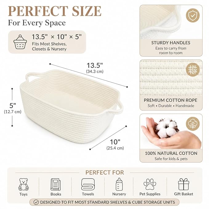 XUANGUO Medium Woven Cotton Rope Storage Basket with Handles, White | Small decorative rectangle storage bin for baby nursery items and cat toys; ideal as an empty gift basket or dog toy basket
