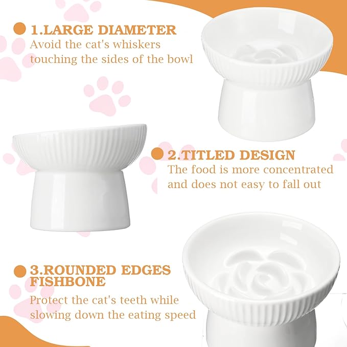 2 Pcs Cat Slow Feeder Bowl, Raised Ceramic Cat Slow Feeder Bowl, Elevated Cats Dog Food Bowls High Edge, Anti Vomiting for Pets Kitten Puppies Dry Wet Food and Water, Dishwasher Safe