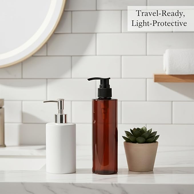 Amber PET Lotion Pump Bottle, Refillable Dispenser for Travel & Bathroom Storage, Black Finish