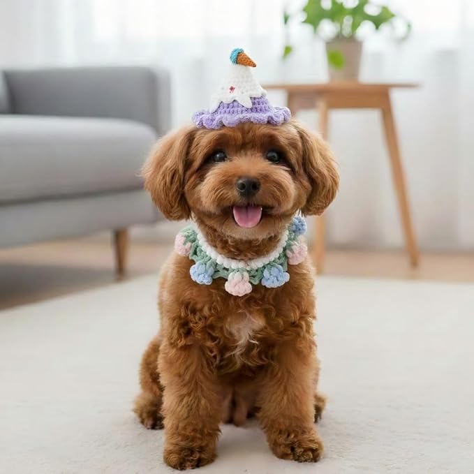 Handmade Knit Cat Birthday Outfit – Adjustable Birthday Dog Hat & Floral Wreath Scarf for Cats and Small to Medium Dogs, Cute Dog Costume for Party, Holiday, Daily Wear & Photos