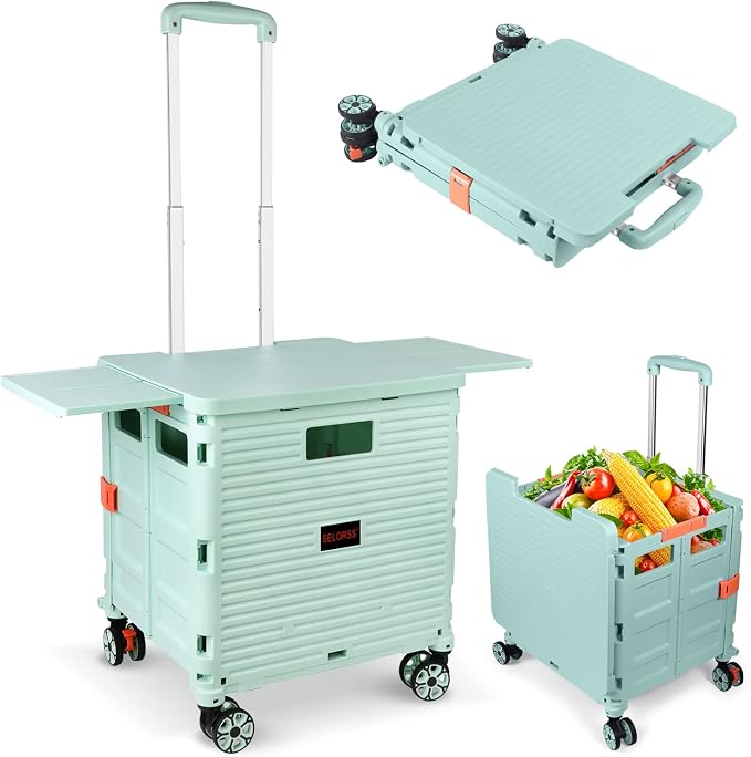 Foldable Utility Cart Collapsible Portable Crate Rolling Carts with Wheels Tote Basket with Magnetic Lid Telescopic Cover Wear-Resistant 360°Rotate Wheel Noiseless for Shopping Storage Office Use