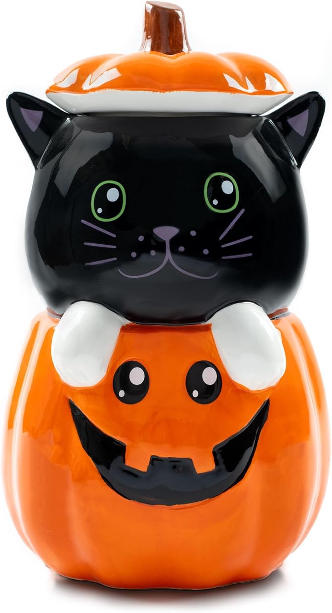 Dolomite Ceramic 11 x 6.3 Halloween Cookie & Candy Jar with Airtight Lid: Perfect for Kitchen Canisters, Pet Treat Containers & Fall Decorative Candy Dish, Black Cat Pumpkin