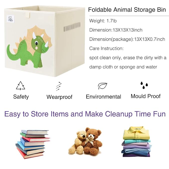13 Inch Animal Cube Storage Bins, Foldable Fabric Kids Toy Box & Toy Chest | Kids Storage Cubes, Toy Storage Organizer Basket for Toddlers, Boys and Girls, Playroom and Nursery (Triceratops)