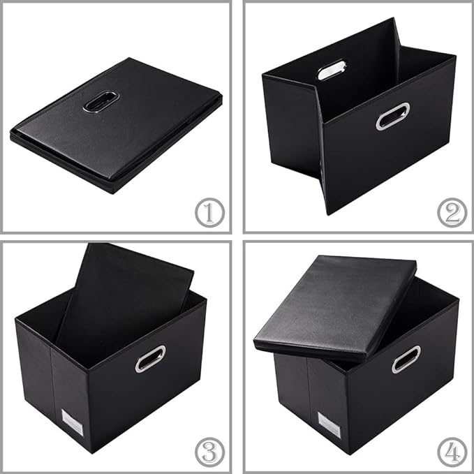 Foldable Storage Bins with Lids [5-Pack] Leather Fabric Collapsible Storage Boxes Organizer Containers Baskets Cube with Cover for Bedroom Closet Office Nursery Black (14.9x10.8x10)