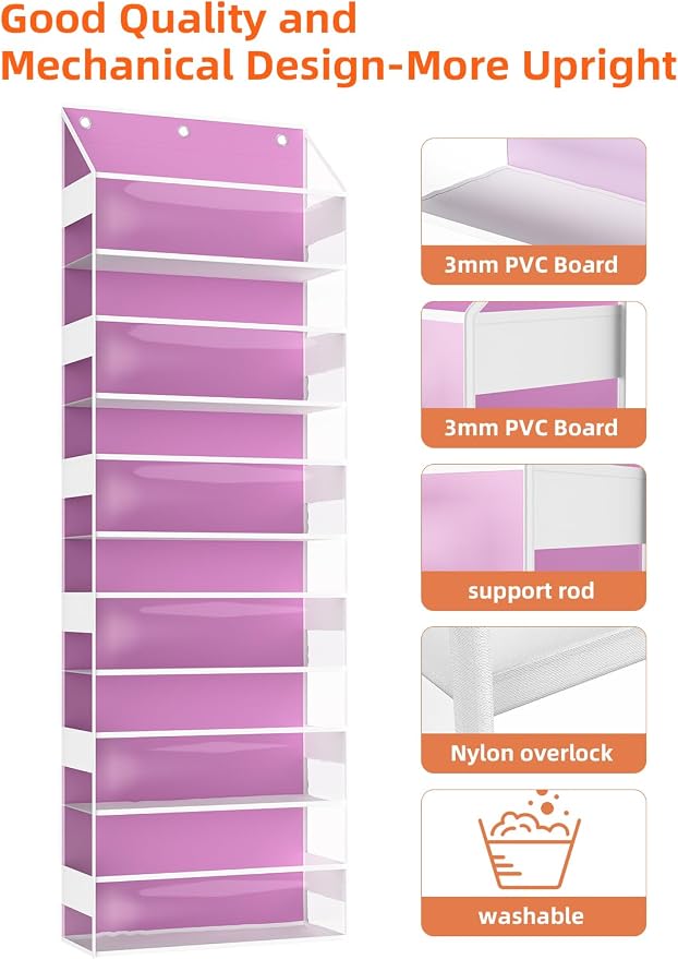 Over the Door Organizes- 6 Tier Stuffed Animal Storage, Bathroom Organizers and Storage, Swing-proof Hanging Organizer for Toys/Nursery Newborn Baby Essential Stuff (Clear-pink)