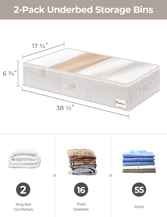 StorageWorks 7 Inch Low Profile Under Bed Storage Containers with Clear Lid | Reinforced Structure, Resists Sagging, Handles & Label Holder, Foldable Stackable Closet Storage for Clothes, Blankets, Toys