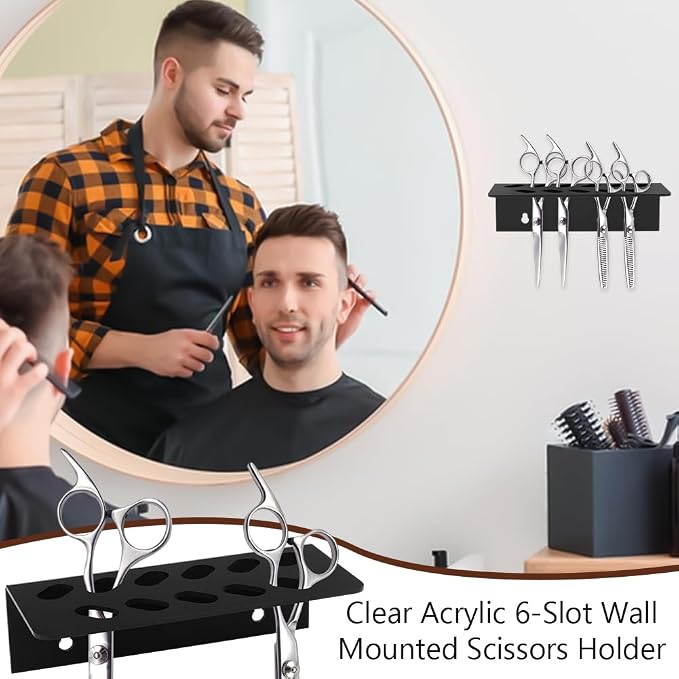 AHANDMAKER 2 Pack Acrylic Wall Mounted Scissor Holder Salon Shear Organizer for Salon Stylist Hairdressing Dog Grooming Tool Storage Shop Office Home Decor, Black